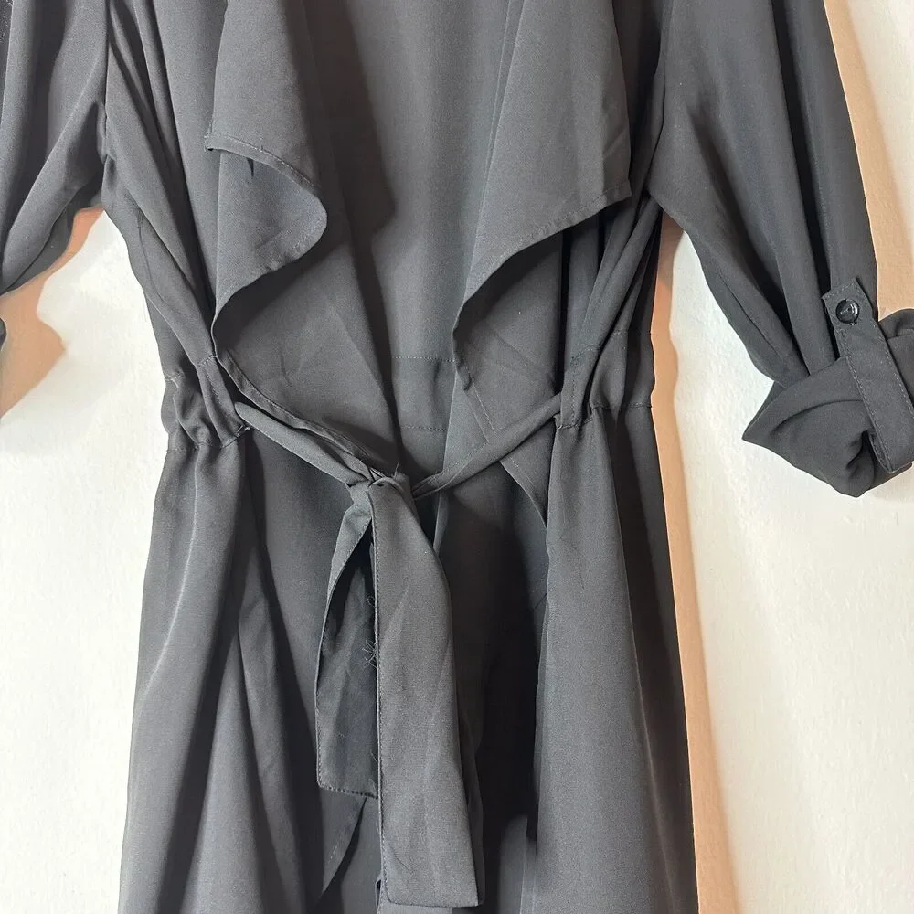 ReVamped Black Flowy Roll Tab Sleeve Tie Waist Waterfall Neck Wrap Dress Small - Picture 4 of 14